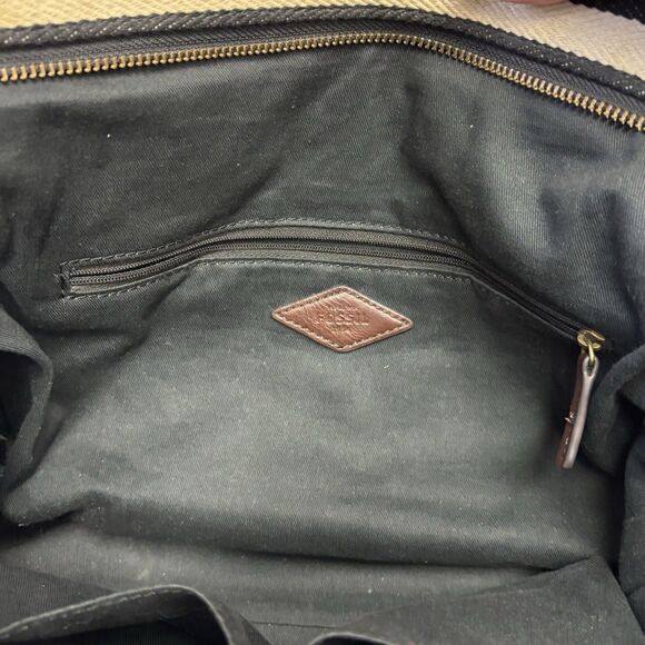 Fossil Jenna Tote Black White Striped Large Zippered Tote Bag Double Handle 12x9 - Picture 6 of 10